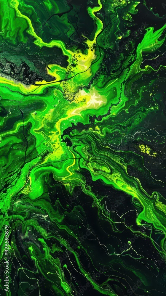 Poster vivid green and yellow abstract fluid art with dynamic swirling patterns on a dark background.