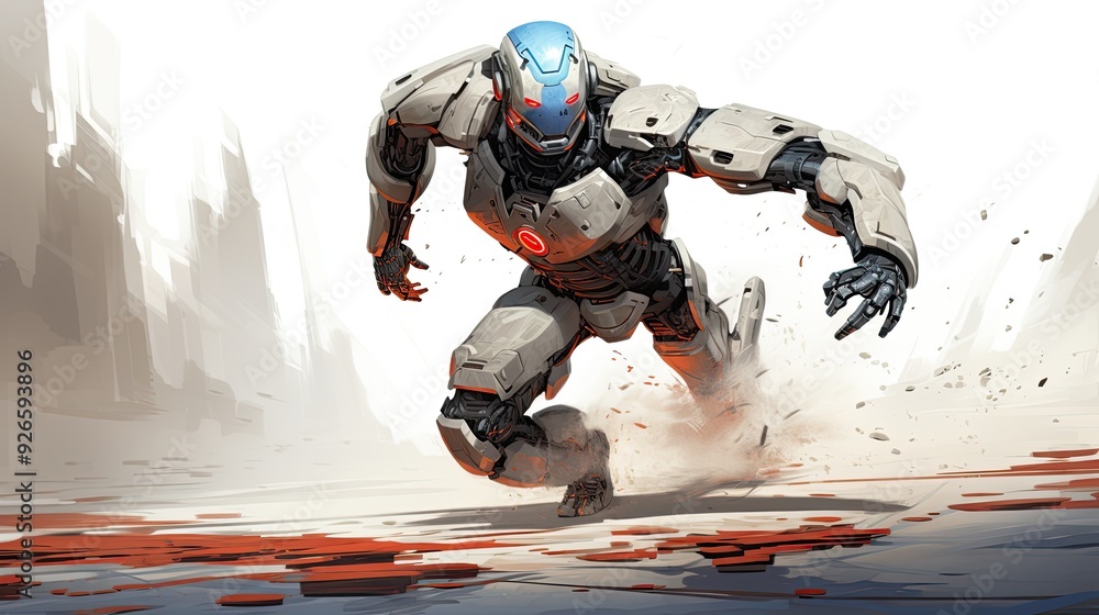 Poster a futuristic robot running through a desolate landscape, showcasing advanced technology and design.