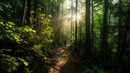 Obraz premium Serene Forest with Sunburst Through Verdant Canopy and Winding Path - Concept of Tranquility, Exploration, and Nature’s Splendor