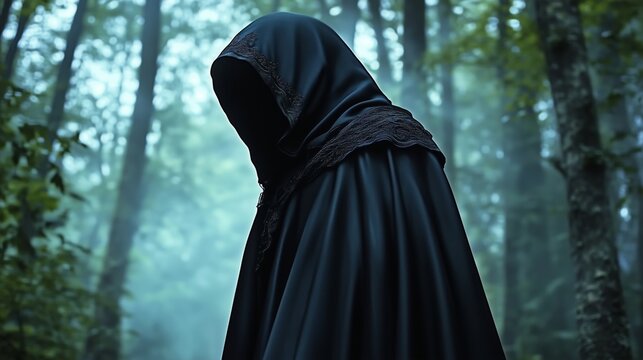 Eerie Presence of a Cloaked Figure in a Foggy Forest