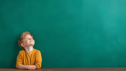 Young boy sitting at a table, looking up against a green background