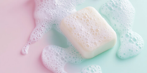 White soap bar and foam bubbles on pastel colored background with copy space