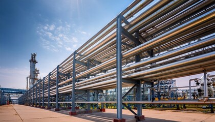 Fototapeta premium Steel racks hold long pipes and support machinery in a large refinery. These racks are used in the petrochemical industry, where chemicals like methanol are produced.
