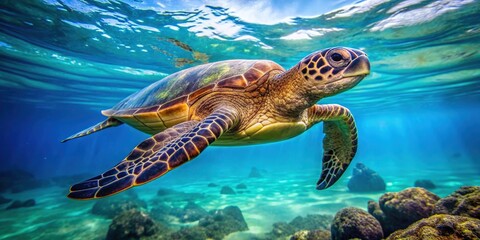 Fototapeta premium Endangered Hawaiian Green Sea Turtle swimming in Pacific Ocean waters of Hawaii, turtle, endangered, Hawaiian