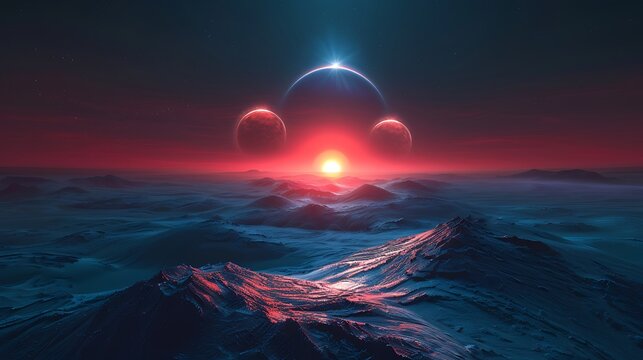Two stars in a binary system orbiting each other, casting dual shadows on a rugged planet, vibrant hues of red and blue, dramatic lighting and shadows, seen from an orbiting spacecraft,