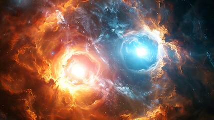 Fototapeta premium A binary star system with two stars casting dual shadows on a nearby planet, vibrant colors and dynamic light effects, seen from a space station,