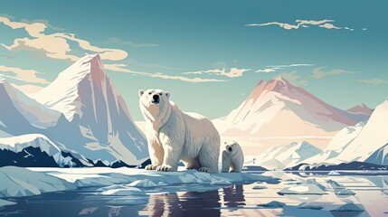 Fototapeta premium Glacier scene with polar bears, flat design, side view, wilderness theme, 3D render, Triadic Color Scheme
