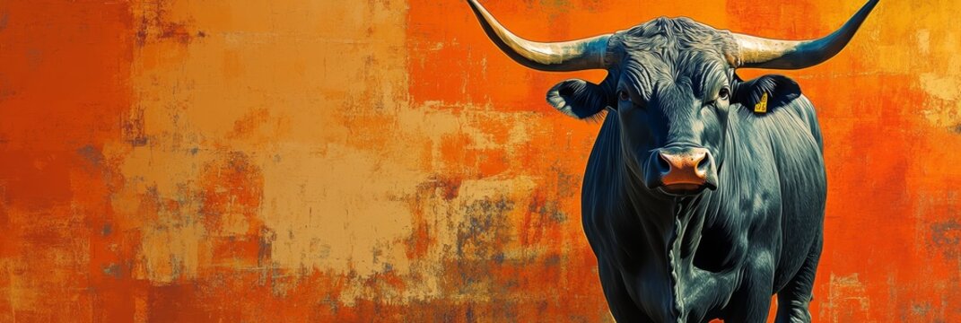 A black bull with long horns stands against an abstract orange background, symbolizing power, strength, resilience, nature, and abstract art.