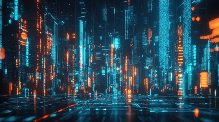 Fototapeta premium A futuristic financial district with AI-driven trading algorithms, blockchain-based transactions, and real-time data analytics, representing the integration of fintech, AI, and blockchain technology