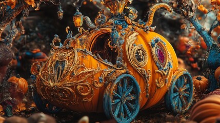 A Pumpkin Carriage Adorned with Gold and Blue Accents