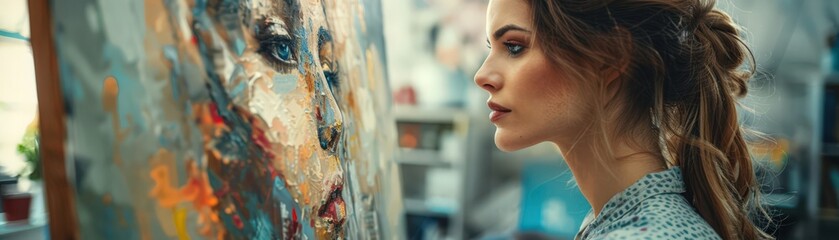 Young Female Artist Painting in Studio with Focused Expression and Colorful Abstract Artwork on Canvas