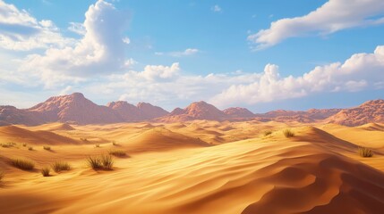 Naklejka premium A breathtaking panorama of a desert landscape, with towering sand dunes stretching out under a vast blue sky dotted with fluffy white clouds. This image evokes a sense of vastness, serenity, and the b
