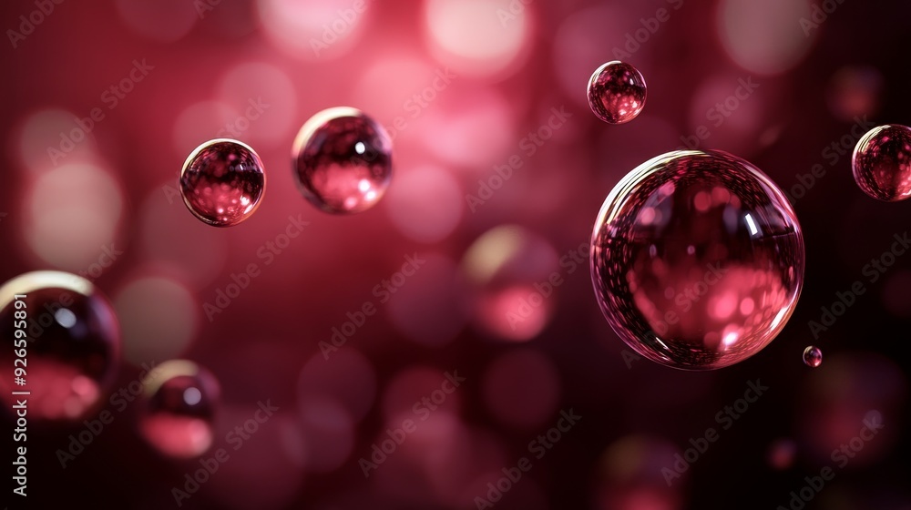 Poster a captivating abstract image featuring several red bubbles floating against a blurred background, sy