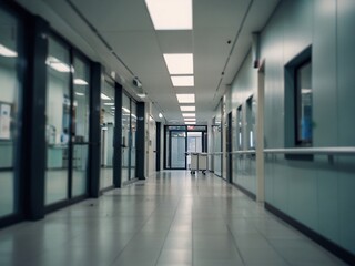 abstract defocused blurred technology space background, empty business corridor or shopping mall. Medical and hospital corridor defocused background with modern laboratory (clinic)