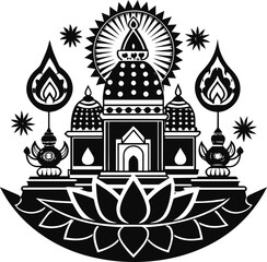 Traditional Diya Lamp Design with Decorative Patterns. Black and White Vector Art for Festivals and Cultural Celebrations