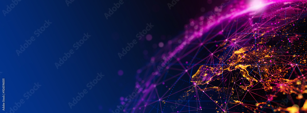 Poster a vivid depiction of global digital network connections with bright, interconnected lines linking va