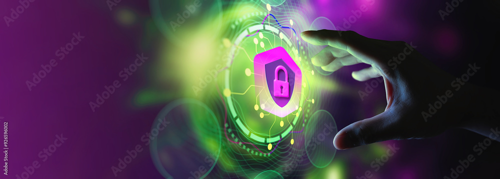 Poster a hand reaches out towards a glowing digital lock icon, symbolizing cybersecurity and data protectio