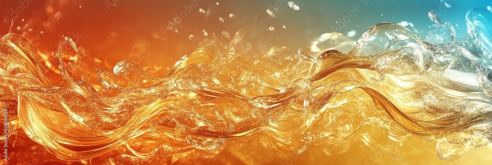Poster a captivating image of a golden liquid wave flowing across a background that transitions from warm o