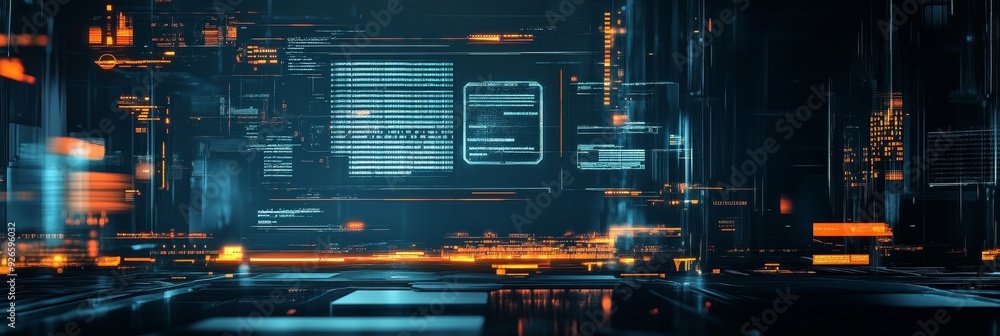 Poster a captivating digital environment showcasing luminous data streams, glowing screens, and intricate c