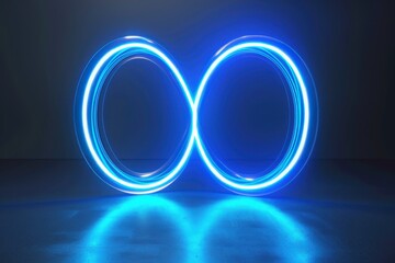 A glowing blue infinity symbol against a dark background, reflecting light on the surface below.