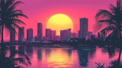 A captivating sunset over a city skyline, framed by palm trees, with a bright orange sun reflecting on the water, symbolizing urban life, tropical beauty, tranquility, the end of a day, and the promis