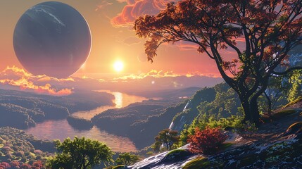 A habitable exoplanet with dense forests, winding rivers, and a clear sky, its parent star and moons visible, viewed from a hilltop, capturing the lush and vibrant beauty of this otherworldly oasis.