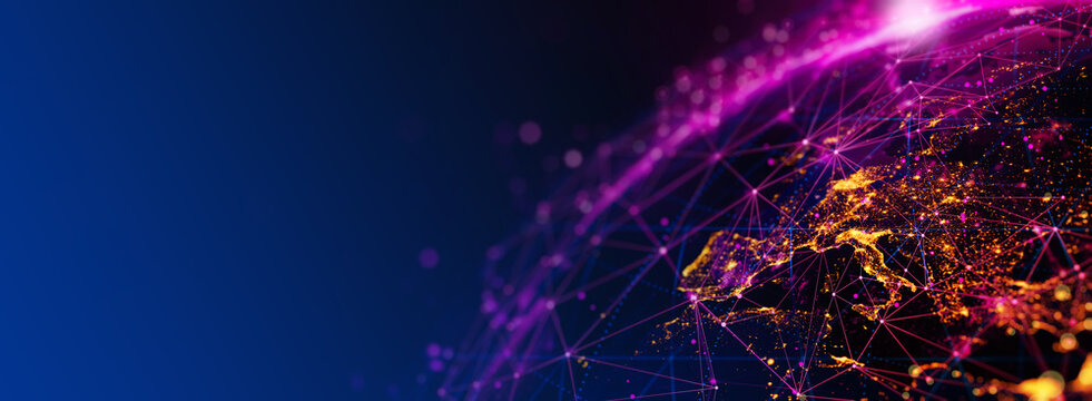 A vivid depiction of global digital network connections with bright, interconnected lines linking various parts of the world. The image highlights Europe and Asia,