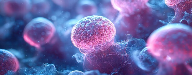 Obraz premium Vibrant microscopic view of colorful cells showcasing intricate structures and patterns in a biological environment.
