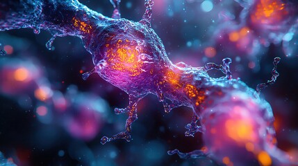 Obraz premium Vibrant depiction of interconnected cells, showcasing intricate detail and mesmerizing colors of microscopic life.