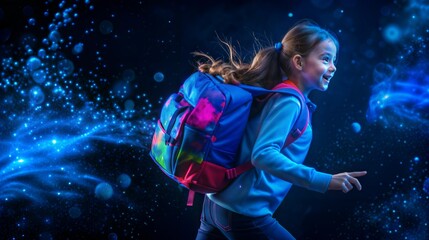 Student sprints through blue stardust, backpack radiating vibrant educational energy