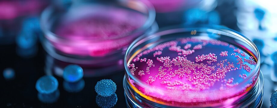 Close-up of vibrant petri dish containing pink solution, showcasing microbial growth with shiny blue beads, ideal for scientific presentations.