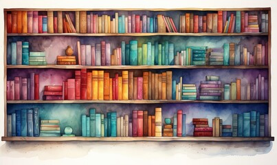 Orderly bookshelf flat design front view neatly arranged books watercolor Complementary Color Scheme