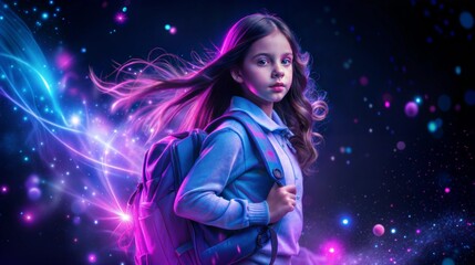 Student poised for academic adventure, surrounded by swirling galactic lights and energy