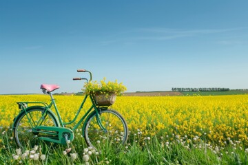 Vintage bicycle with flowers in the basket. A sunny day in the countryside. Perfect for spring and nature themes. Ideal for backgrounds and banners. Generative AI