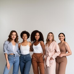 Unity concept A diverse group of women of all skin tones, hair types posing together. A multiculture group standing together. Neutral colour. Women's day banner.