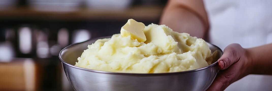 A close-up of a bowl of mashed potatoes with a pat of butter on top, symbolizing comfort, home-cooked meals, deliciousness, and a classic side dish. - Powered by Adobe