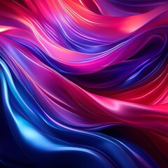 Vibrant colors of blue, purple, red, and magenta create an abstract background with cascading folds. The silky fabric gleams with a neon glow, forming stripes and a wide banner.