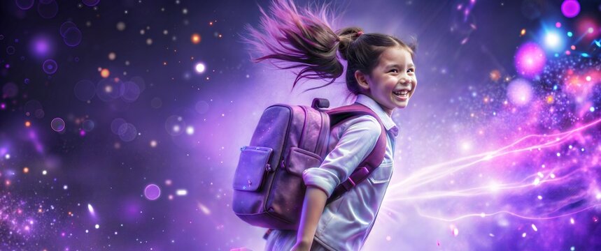 Girl leaps through vibrant cosmic energy, backpack radiating enthusiasm for education