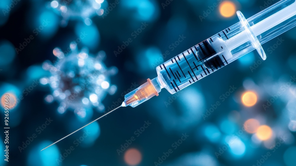 Poster a close-up of a syringe with a needle pointed towards the viewer, set against a blurred background o