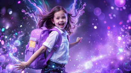 Ecstatic learner leaps through magical purple energy, backpack aglow with potential
