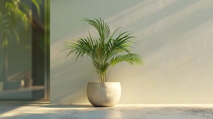 Obraz premium Minimalist potted palm plant, sunlit indoor floor decor, modern white ceramic pot and soft shadows for home interior