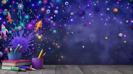 Classroom transforms into cosmic wonderland with floating pencils and planets