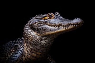 Obraz premium Photo of a crocodile isolated against a black background, emphasising the crocodile's majestic features. Wildlife and conservation concept, space for copy.