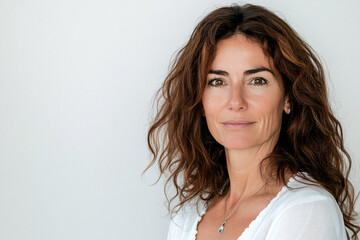 A portrait photography of an Italian woman in her 40s against a white background, exuding confidence and elegance.