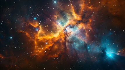 Fototapeta premium Inside a stellar nursery, bright colors and intricate gas formations, new stars being born, viewed from a space observatory, glowing clouds and sparkling stars,