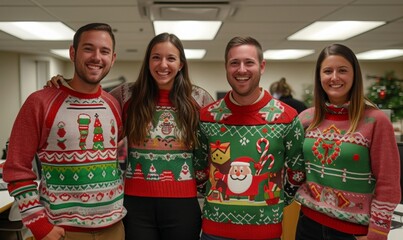 Office staff are having fun at a party in ugly Christmas sweaters. Young office staff of different nationalities  in ugly  sweaters smile and look at the camera.