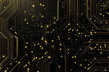 A modern abstract design featuring gold lines and dots representing network science and technology on a high-tech dark background. Ideal for templates, web design, and presentations