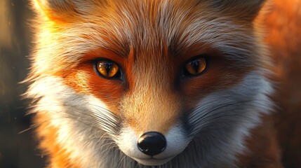 Obraz premium A close-up portrait of a red fox, showcasing its captivating eyes, soft fur, and sharp features. The image captures the wild beauty and intelligence of this creature, symbolizing adaptability, cunning
