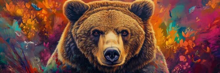 A close-up portrait of a brown bear, its fur a rich brown against a vibrant backdrop of abstract colors. The bear's intense gaze and powerful presence symbolize strength, resilience, and the untamed b