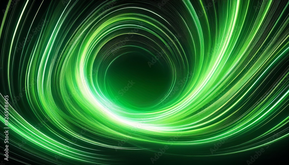 Wall mural Whirl of glowing green lines over a dark background. The bright white lines create a sense of speed and movement, like a trail of fire in the night sky.